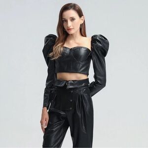 Elegant Black Faux Leather Crop Top